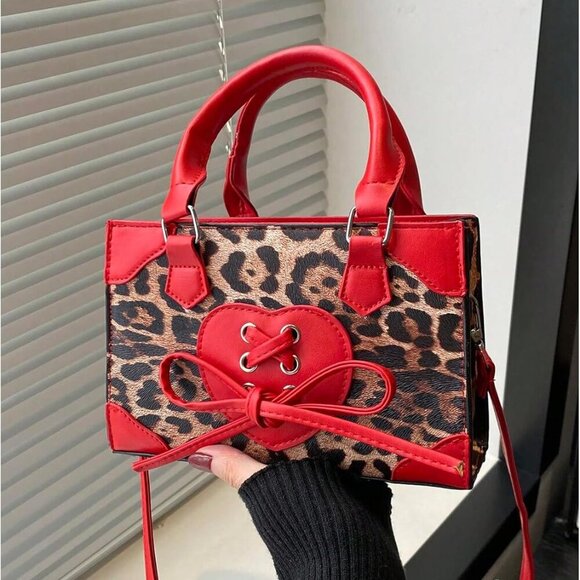 Women's Leopard Print Top Handle Satchel Clutch Purse Bowknot Cheetah Square Han - Picture 2 of 6